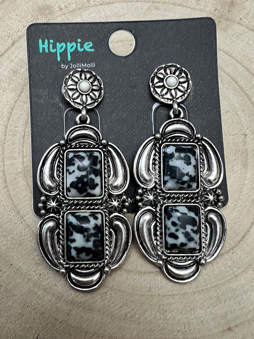 Faux White Buffalo Drop Earrings - Cowhide and Conchos