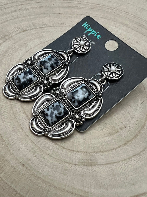 Faux White Buffalo Drop Earrings - Cowhide and Conchos