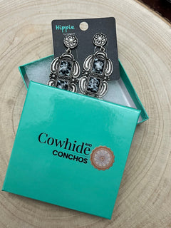 Faux White Buffalo Drop Earrings - Cowhide and Conchos
