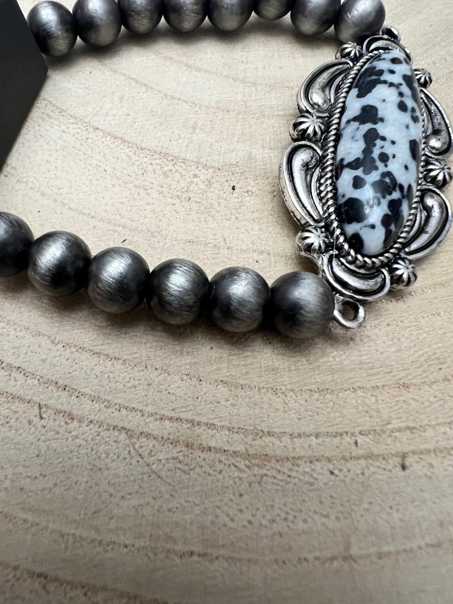 Faux White Buffalo Stretch Bracelet - Cowhide and Conchos