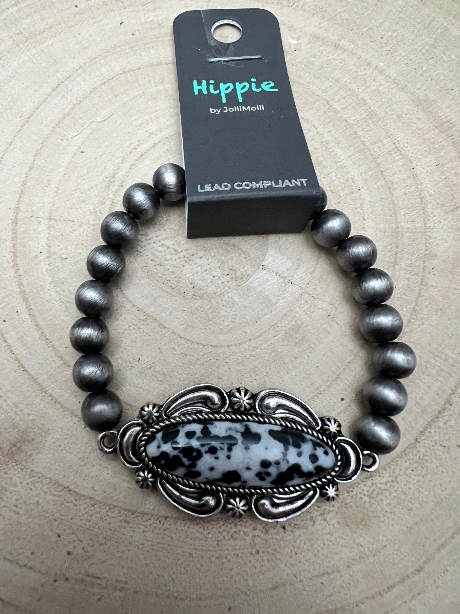 Faux White Buffalo Stretch Bracelet - Cowhide and Conchos