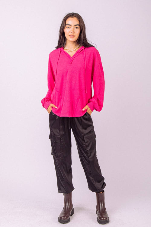 V-neck Puff Sleeve Hooded Knit Top - Hot Pink