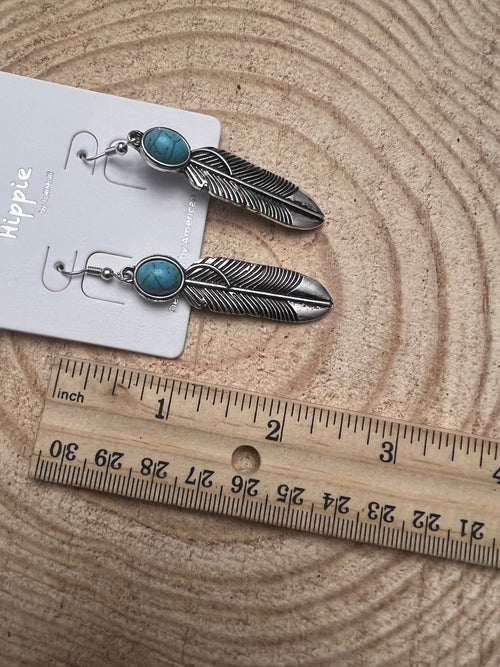 Feather Earrings with Faux Turquoise - 2 inch drop - Cowhide and Conchos