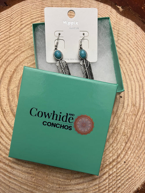 Feather Earrings with Faux Turquoise - 2 inch drop - Cowhide and Conchos