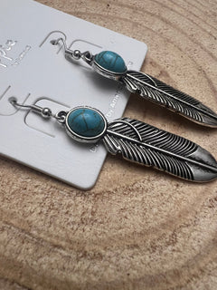 Feather Earrings with Faux Turquoise - 2 inch drop - Cowhide and Conchos