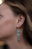 Feather Earrings with Faux Turquoise - 2 inch drop - Cowhide and Conchos