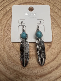 Feather Earrings with Faux Turquoise - 2 inch drop - Cowhide and Conchos