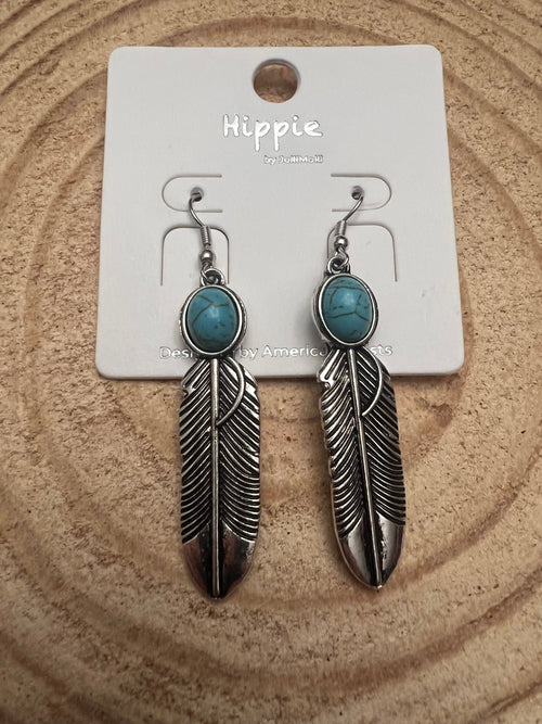 Feather Earrings with Faux Turquoise - 2 inch drop - Cowhide and Conchos