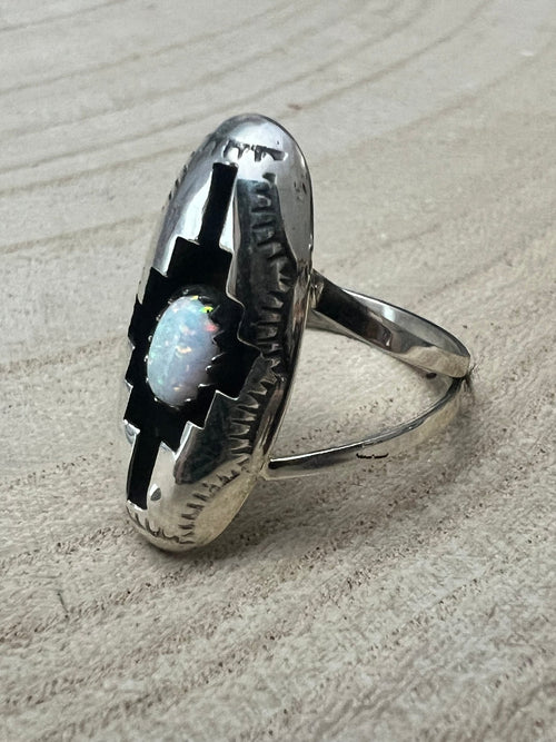 Felix Perry Navajo Handmade Opal Shadowbox Ring - Cowhide and Conchos