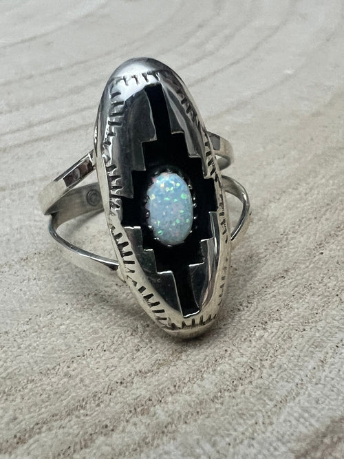 Felix Perry Navajo Handmade Opal Shadowbox Ring - Cowhide and Conchos