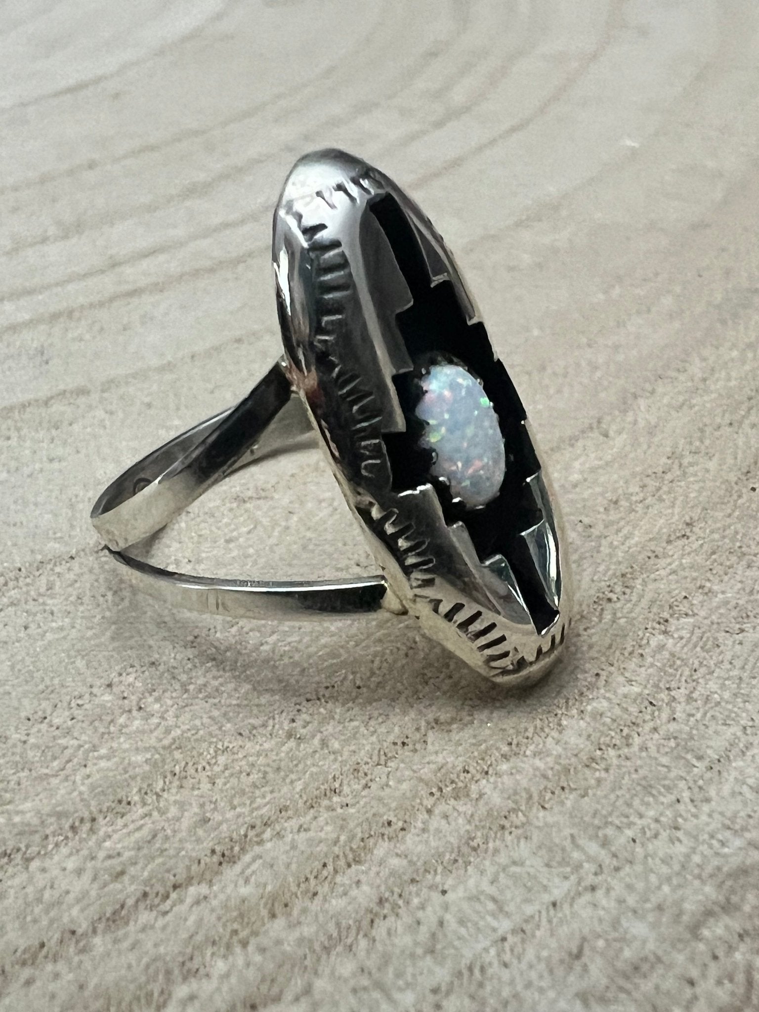 Felix Perry Navajo Handmade Opal Shadowbox Ring - Cowhide and Conchos