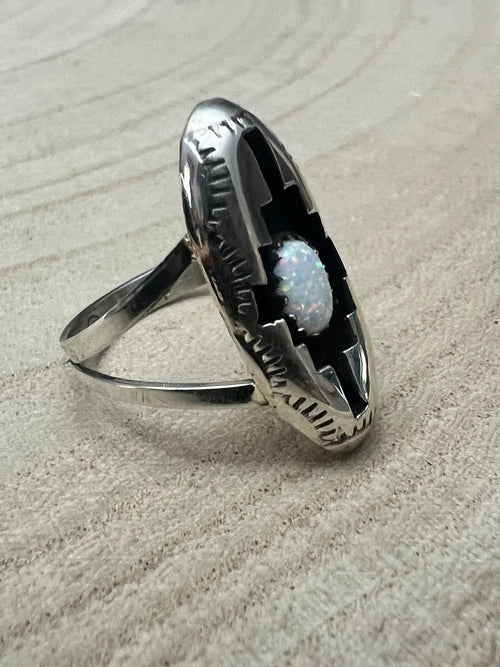 Felix Perry Navajo Handmade Opal Shadowbox Ring - Cowhide and Conchos