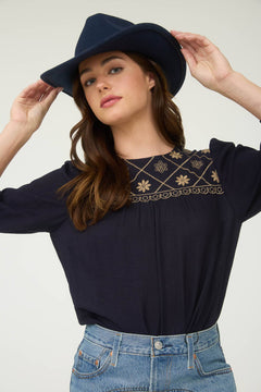 Floral Embroidered Yoke 3/4 Sleeve Blouse - Cowhide and Conchos