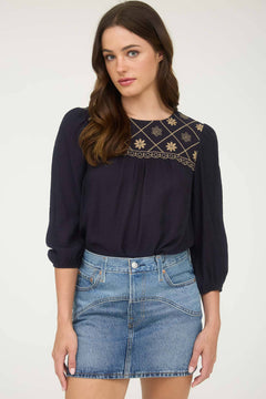 Floral Embroidered Yoke 3/4 Sleeve Blouse - Cowhide and Conchos