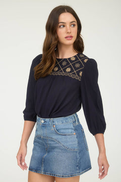 Floral Embroidered Yoke 3/4 Sleeve Blouse - Cowhide and Conchos