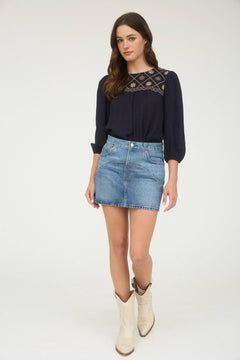 Floral Embroidered Yoke 3/4 Sleeve Blouse - Cowhide and Conchos