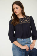 Floral Embroidered Yoke 3/4 Sleeve Blouse - Cowhide and Conchos