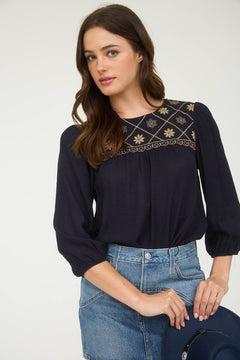 Floral Embroidered Yoke 3/4 Sleeve Blouse - Cowhide and Conchos
