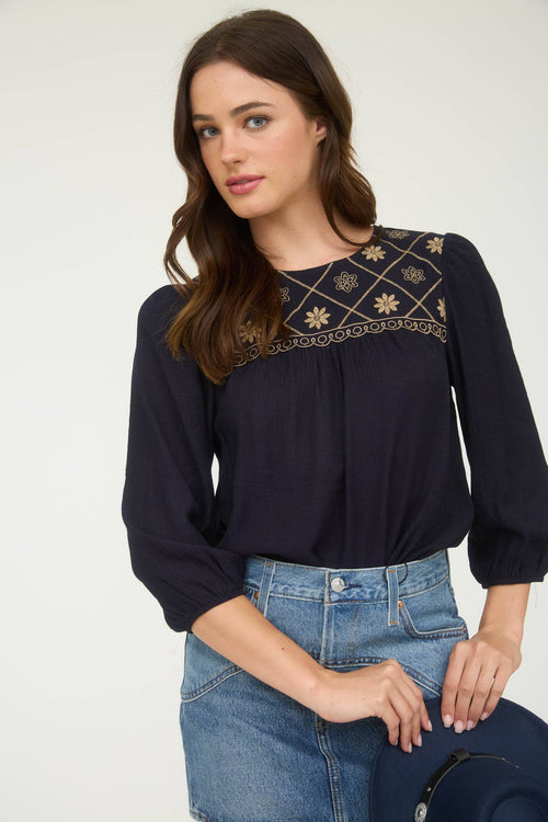 Floral Embroidered Yoke 3/4 Sleeve Blouse - Cowhide and Conchos