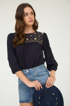 Floral Embroidered Yoke 3/4 Sleeve Blouse - Cowhide and Conchos