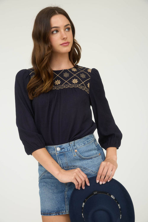 Floral Embroidered Yoke 3/4 Sleeve Blouse - Cowhide and Conchos
