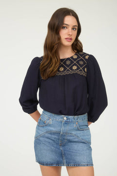 Floral Embroidered Yoke 3/4 Sleeve Blouse - Cowhide and Conchos