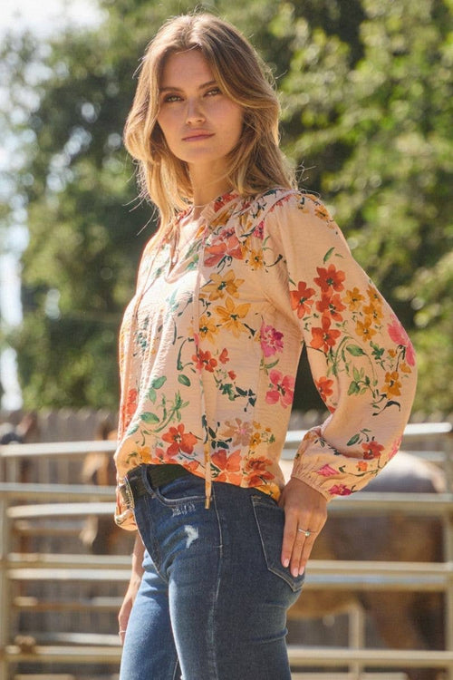 Floral Printed Long Sleeve Blouse - Cowhide and Conchos