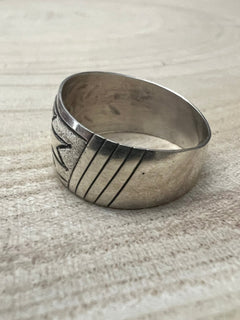Florence Tahe Navajo Handmade Sterling Silver Ring - Cowhide and Conchos