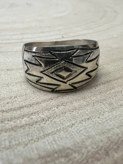 Florence Tahe Navajo Handmade Sterling Silver Ring - Cowhide and Conchos