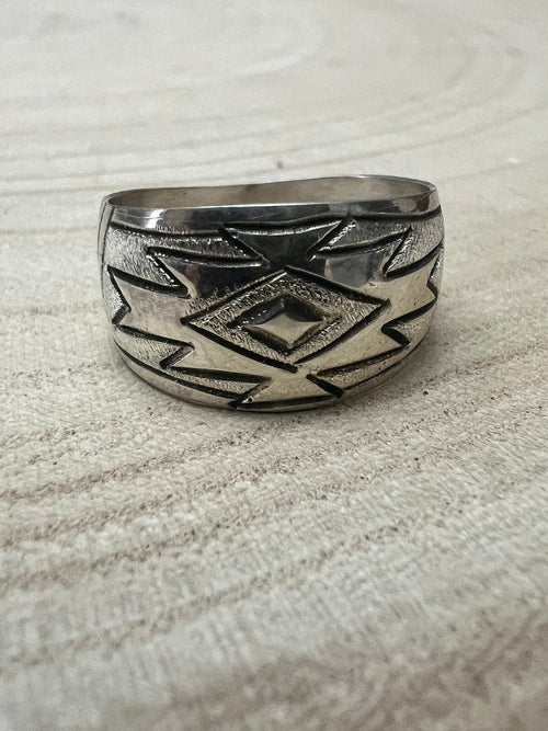 Florence Tahe Navajo Handmade Sterling Silver Ring - Cowhide and Conchos