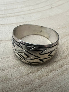 Florence Tahe Navajo Handmade Sterling Silver Ring - Cowhide and Conchos