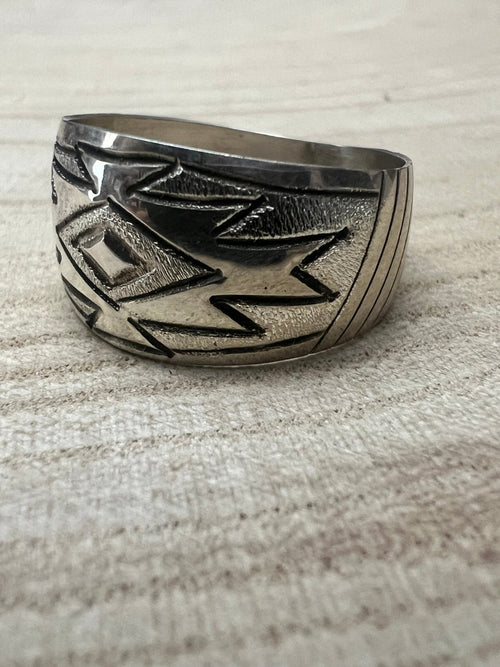 Florence Tahe Navajo Handmade Sterling Silver Ring - Cowhide and Conchos
