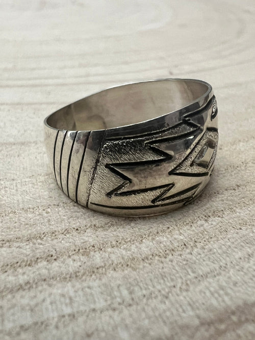 Florence Tahe Navajo Handmade Sterling Silver Ring - Cowhide and Conchos
