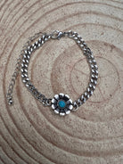Flower and Faux Turquoise Cuban Chain Bracelet - Cowhide and Conchos