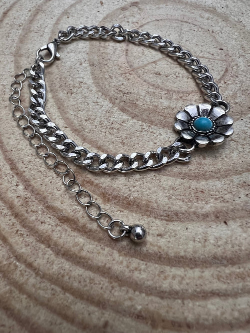 Flower and Faux Turquoise Cuban Chain Bracelet - Cowhide and Conchos