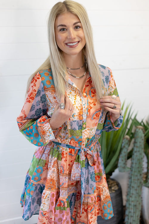 Flower Print Long Sleeve Dress - Cowhide and Conchos