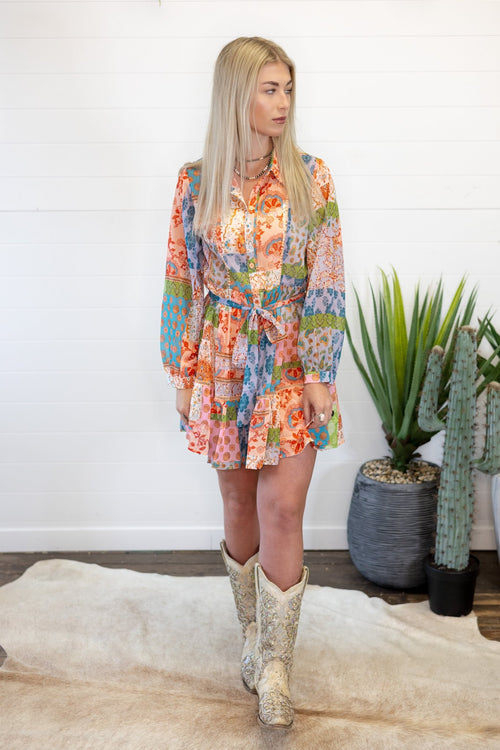 Flower Print Long Sleeve Dress - Cowhide and Conchos