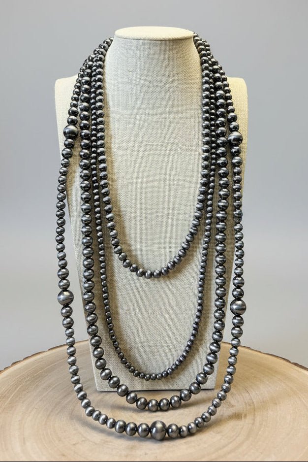 Four Strand Burnished Faux Sterling Pearl Necklace – Western Layered Set - Cowhide and Conchos