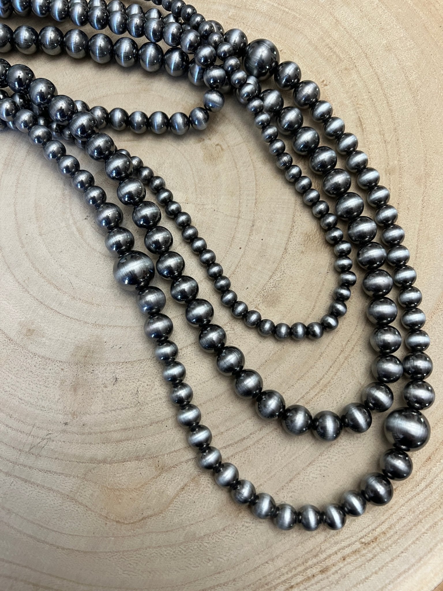 Four Strand Burnished Faux Sterling Pearl Necklace – Western Layered Set - Cowhide and Conchos
