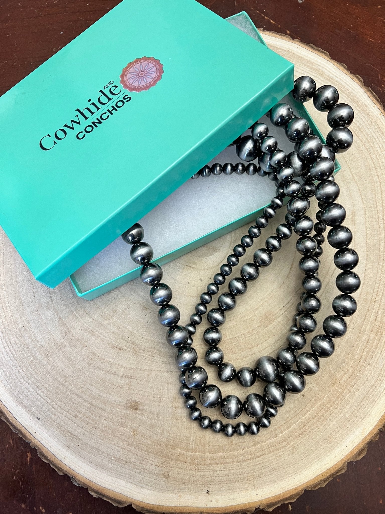 Four Strand Burnished Faux Sterling Pearl Necklace – Western Layered Set2 - Cowhide and Conchos