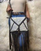 Fringe Cowhide Crossbody Acid Wash Gold Leather Rope Strap - Cowhide and Conchos