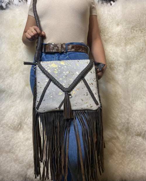 Fringe Cowhide Crossbody Acid Wash Gold Leather Rope Strap - Cowhide and Conchos