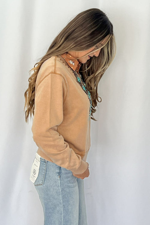 Garment Washed V - Neck Studded Pullover Sweatshirt - Cowhide and Conchos