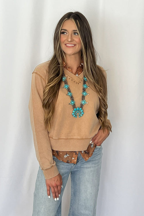 Garment Washed V - Neck Studded Pullover Sweatshirt - Cowhide and Conchos