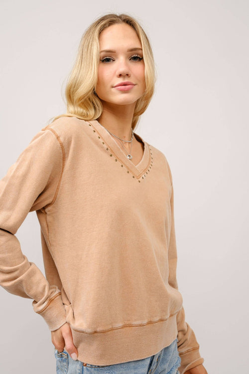 Garment Washed V - Neck Studded Pullover Sweatshirt - Cowhide and Conchos