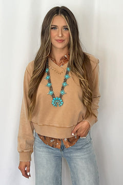 Garment Washed V - Neck Studded Pullover Sweatshirt - Cowhide and Conchos