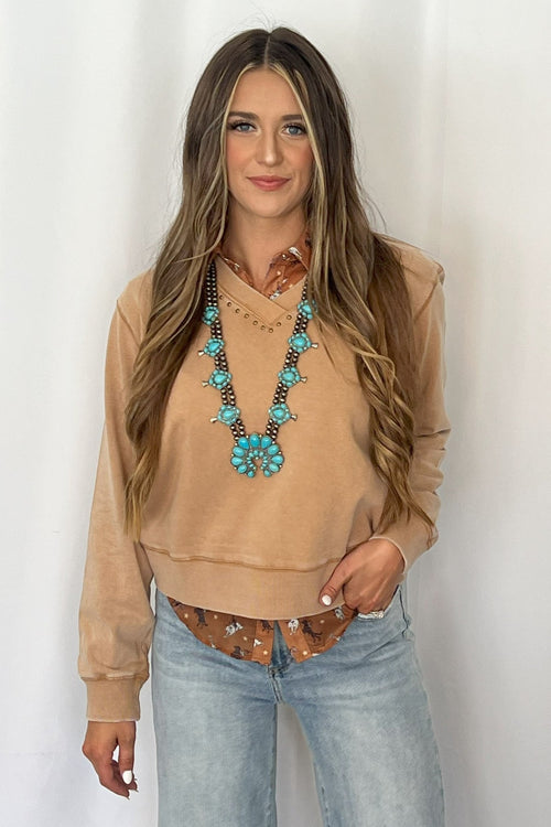 Garment Washed V - Neck Studded Pullover Sweatshirt - Cowhide and Conchos