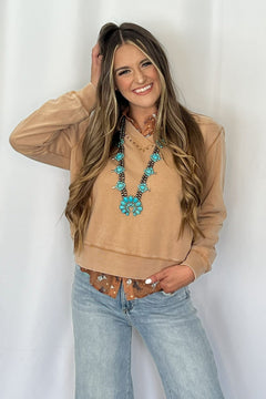 Garment Washed V - Neck Studded Pullover Sweatshirt - Cowhide and Conchos