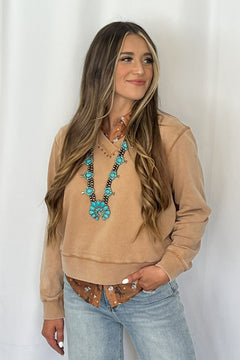 Garment Washed V - Neck Studded Pullover Sweatshirt - Cowhide and Conchos