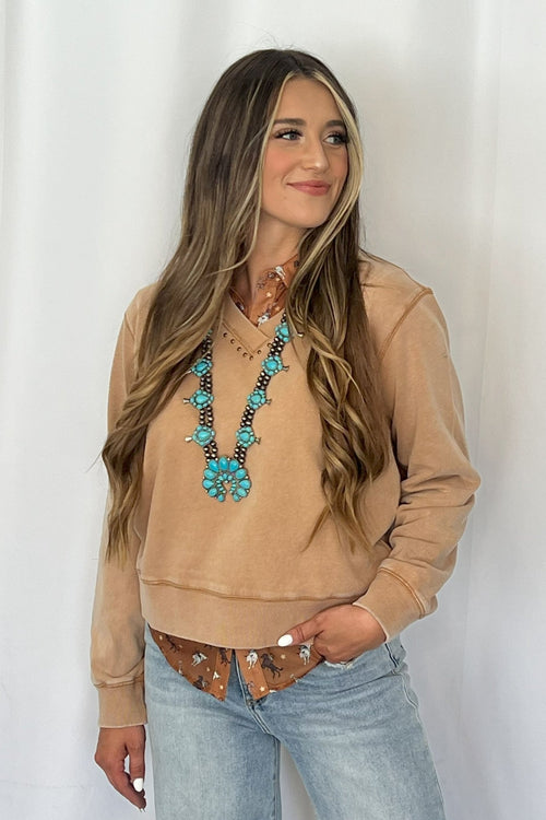 Garment Washed V - Neck Studded Pullover Sweatshirt - Cowhide and Conchos